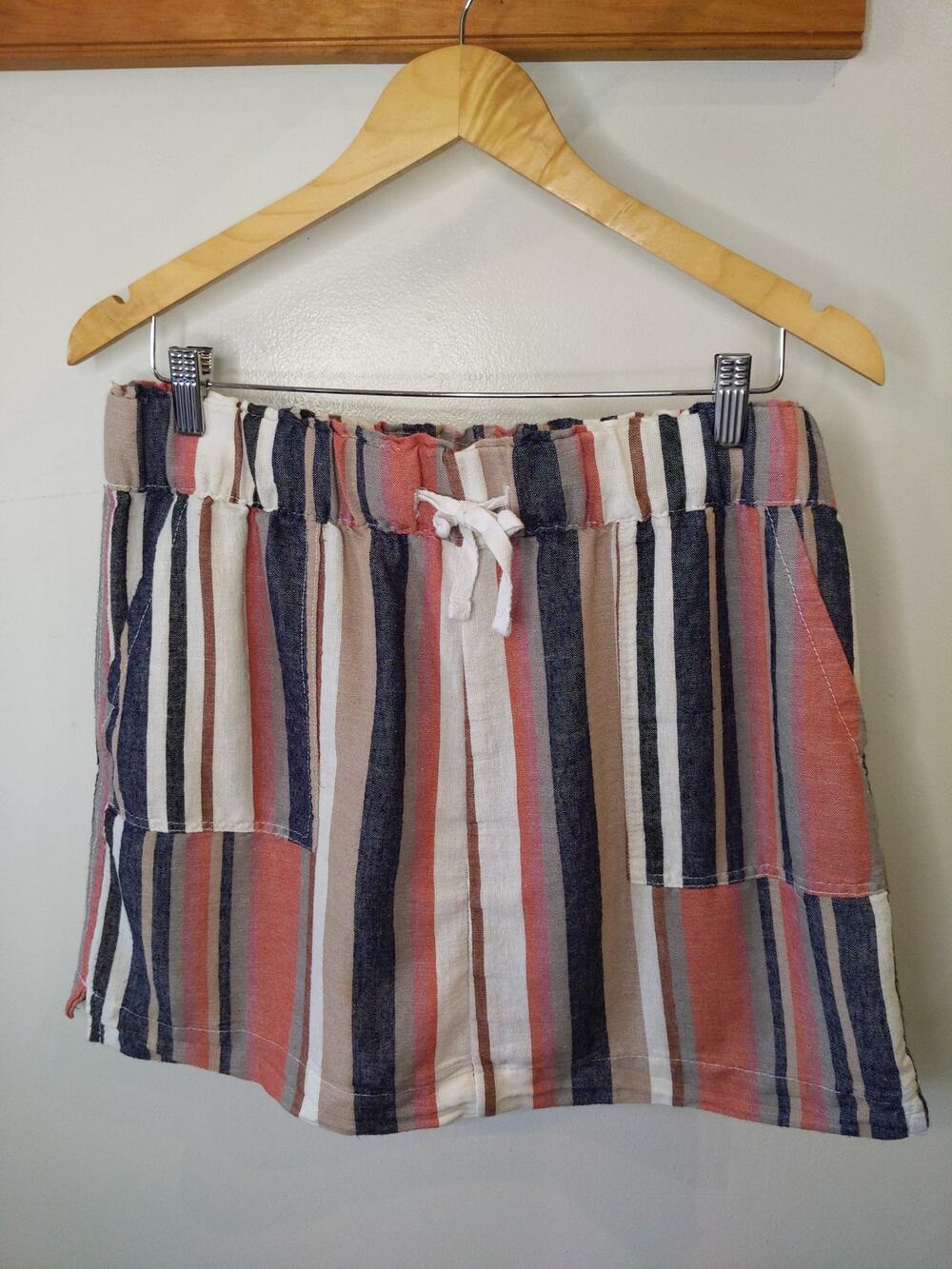 Dash Linen Blend Mini Skirt Women's M Coral Navy Stripe Drawstring Pockets